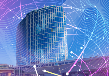 صورة منمقة لمبنى الويبو مع عالم رقمي مرسوم حوله.