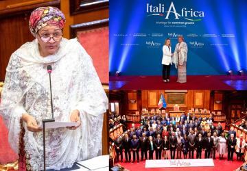 A woman in a white shawl-cover speaks at a podium (left) and shakes hands with a woman (top right) and stands for a group shot at the Italy-Africa Summit.