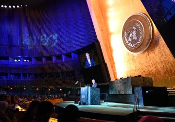 A view of the UN General Assembly Hall where the Secretary-General speaks at the podium