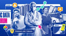 Graphic banner shows a collage of images, including a female doctor between a woman and man holding laptop computers, with graphics of buildings, bus, tickets and map drop pin. 