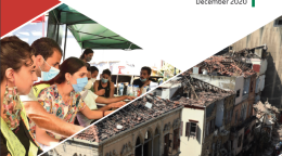 Cover shows the title in white underneath the logos for the EU, UN and World Bank Group. Underneath the title is a collage of three images showing people in masks at a tent, an arial view of buildings with damage and, lastly, a small girl holding a sign in front of a crowd holding flags.
