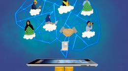 A variety of cartoon people interconnected via idea bubbles in the shape of a brain all arising from an Ipad.