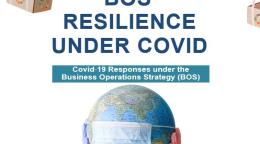 The image reads the title "BOS' resilience under Covid: Covid 19 responses under the Business Operations Strategy. The image shows two hands with gloves holding up a 3-D globe with a face mask. There are boxes with SDG symbols coming down from the top with parachutes made of face masks. 
