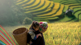 The cover shows a woman carrying a little girl on her back as they walk through a lush grass field. The title of the Framework is noted above the image, with the Chinese flag as a circle and SDG striped coloured lines stretch across the image. 