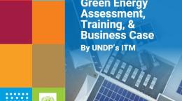 Portada de un documento con la imagen de una vista aérea de los paneles solares, acompañados por los cuadrados de colores de los ODS, el logotipo del PNUD y el título de la nota práctica.