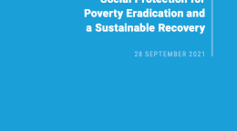 El "Informe de política" tiene una cubierta azul sólida con el título en blanco en la parte superior derecha y el emblema de la ONU en la parte inferior izquierda.