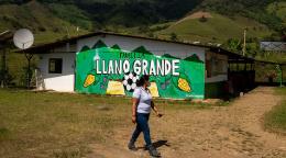 A woman wearing a face mask walks in front of a house with a painted green mural of food and a soccer ball. 