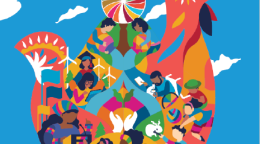 Este documento tiene un fondo azul con una imagen multicolor en el centro.  El texto aparece en blanco. 