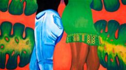 Una encantadora ilustración gráfica de dos mujeres de espaldas mientras extienden sus palmas hacia el frente, con un fondo colorido.