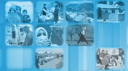 Varias imágenes en blanco y negro de personas en Afganistán bajo un tinte azul claro.