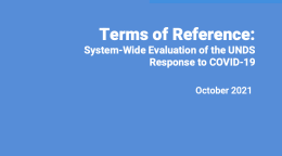 The United Nations Logo on a light blue cover with the title: Terms of Reference: System-Wide Evaluation of the UNDS Response to COVID-19 in English.