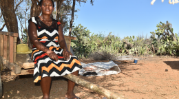 Una mujer malgache con vestido se sienta en el borde de una carretilla, a la sombra de un árbol, cerca de un campo, y mira a la cámara con las manos en el regazo.