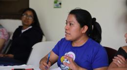 A woman in a blue shirt in a wheelchair speaks at an event while others listen in