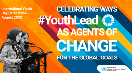 A colourful graphic from the United Nations that features two young women standing on a podium