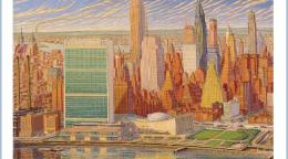 A graphic painting of the UN waterfront in New York and the title of the document "Funding Compact" displayed above it.