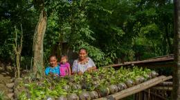 A woman in a white dress along with two small children in pink and blue dresses sits amidst her green produce, plants and vegetables in Guatemala
