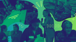 A graphic in sea green colours with a collage of various UN officials and citizens