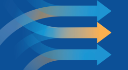 A cover of a publication in deep blue with three arrows through the middle in light blue and yellow