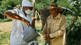 A man pours a liquid into another bucket in an outdoor setting