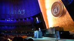 A view of the UN General Assembly Hall where the Secretary-General speaks at the podium