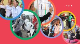 Portada del documento con un fondo rojo y mosaicos circulares con imágenes.