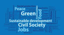 Portada del documento con fondo azul y una nube de palabras.