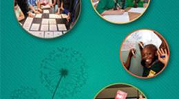 Documento con fondo verde y fotos dentro de cuatro círculos, que muestran a niños y jóvenes sonriendo y sosteniendo carteles de los ODS.