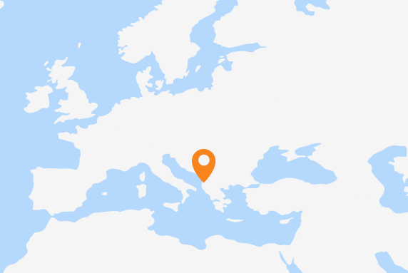 A map of Europe and Central Asia with a marker on Albania.