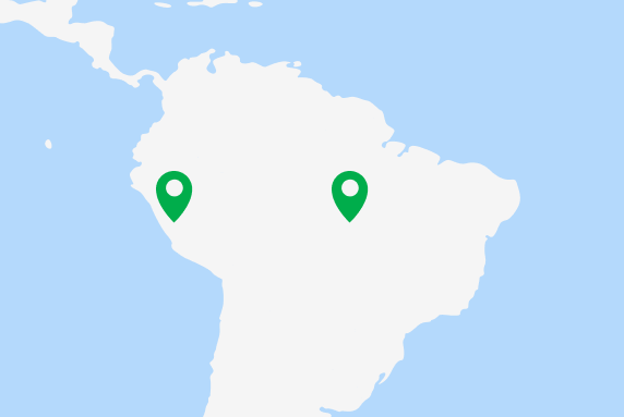A map of South America with markers on Brazil and Peru. 
