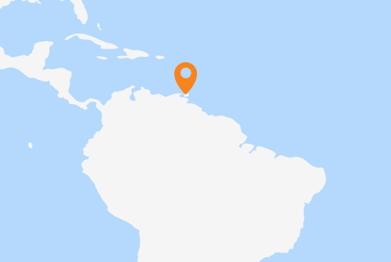 A map of South and Central America with a marker on Trinidad and Tobago. 