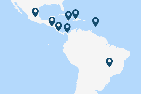Map showing Barbados, Brazil, Costa Rica, El Salvador, Haiti, Jamaica, Mexico and Panama