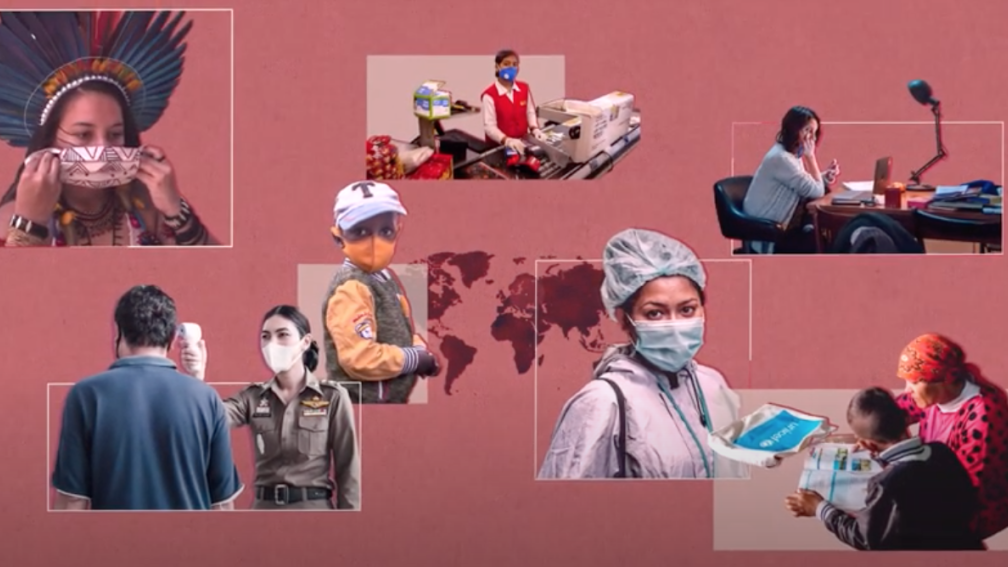 Shows a collage of images of people from across the globe during COVID-19. 