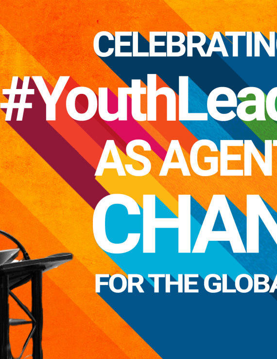 A colourful graphic from the United Nations that features two young women standing on a podium