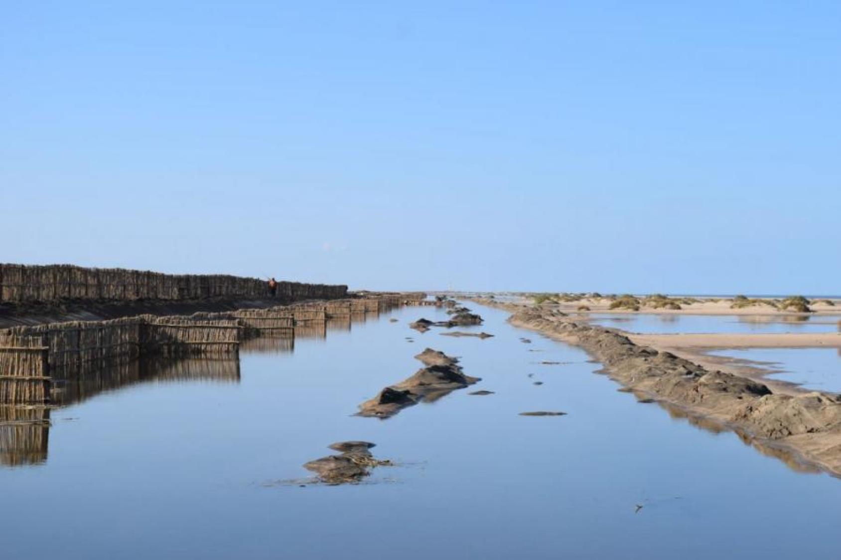 Imagen de un paisaje de inundaciones y muros de protección cerca del río Nilo.