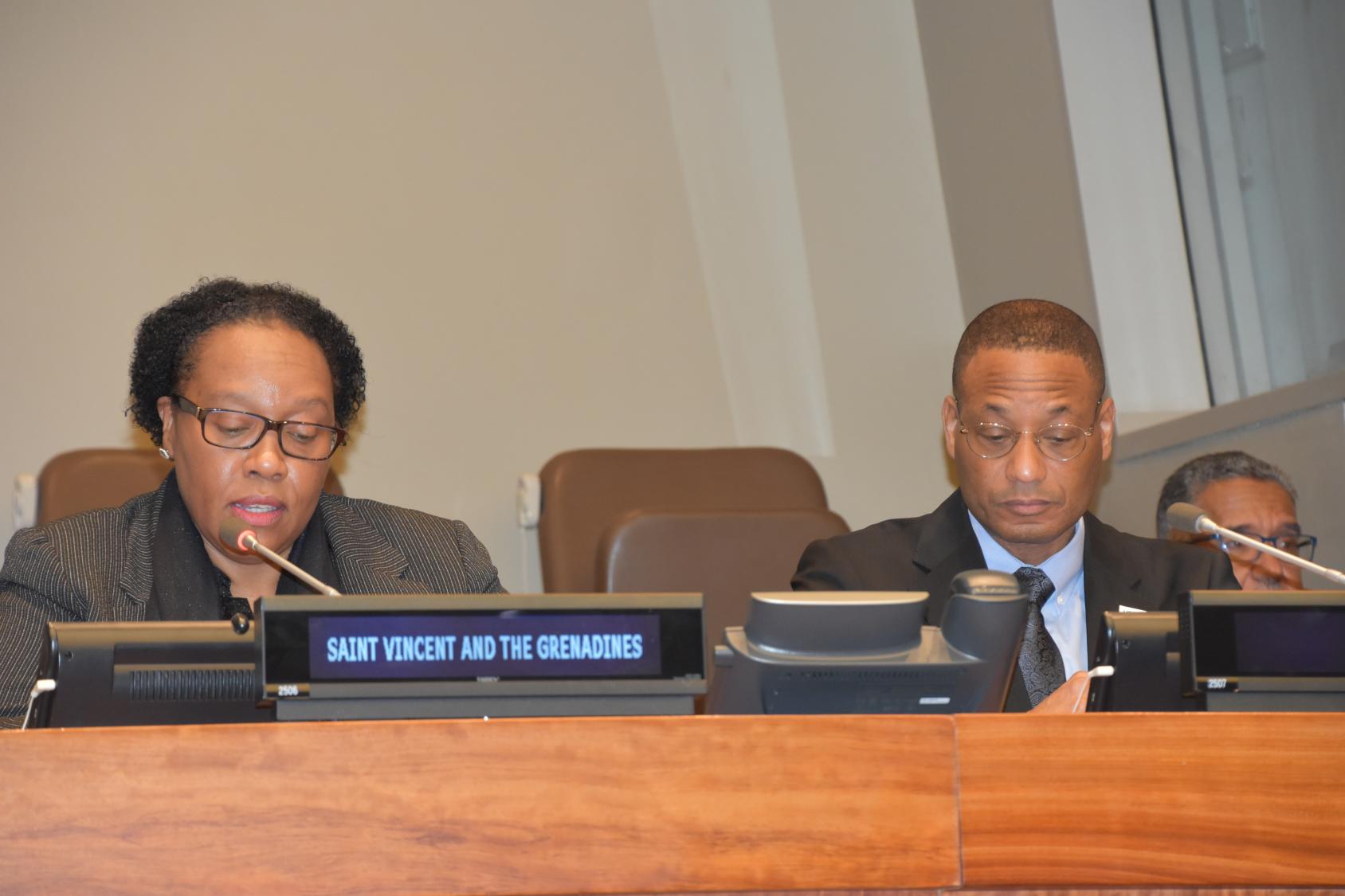 一男一女相邻坐着，在联合国活动中对着话筒讲话。