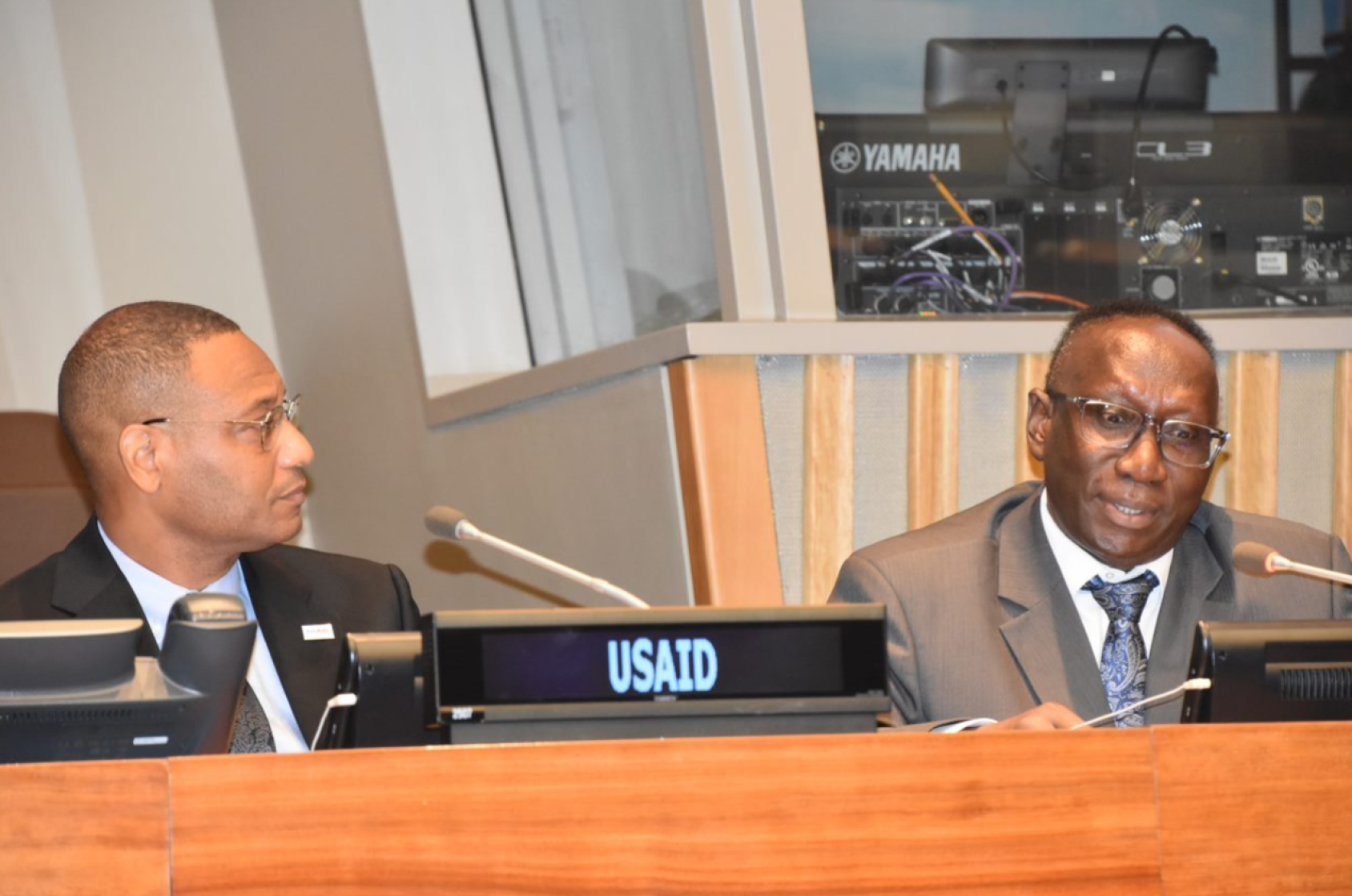 一个小组中的两名男子对着话筒说话。