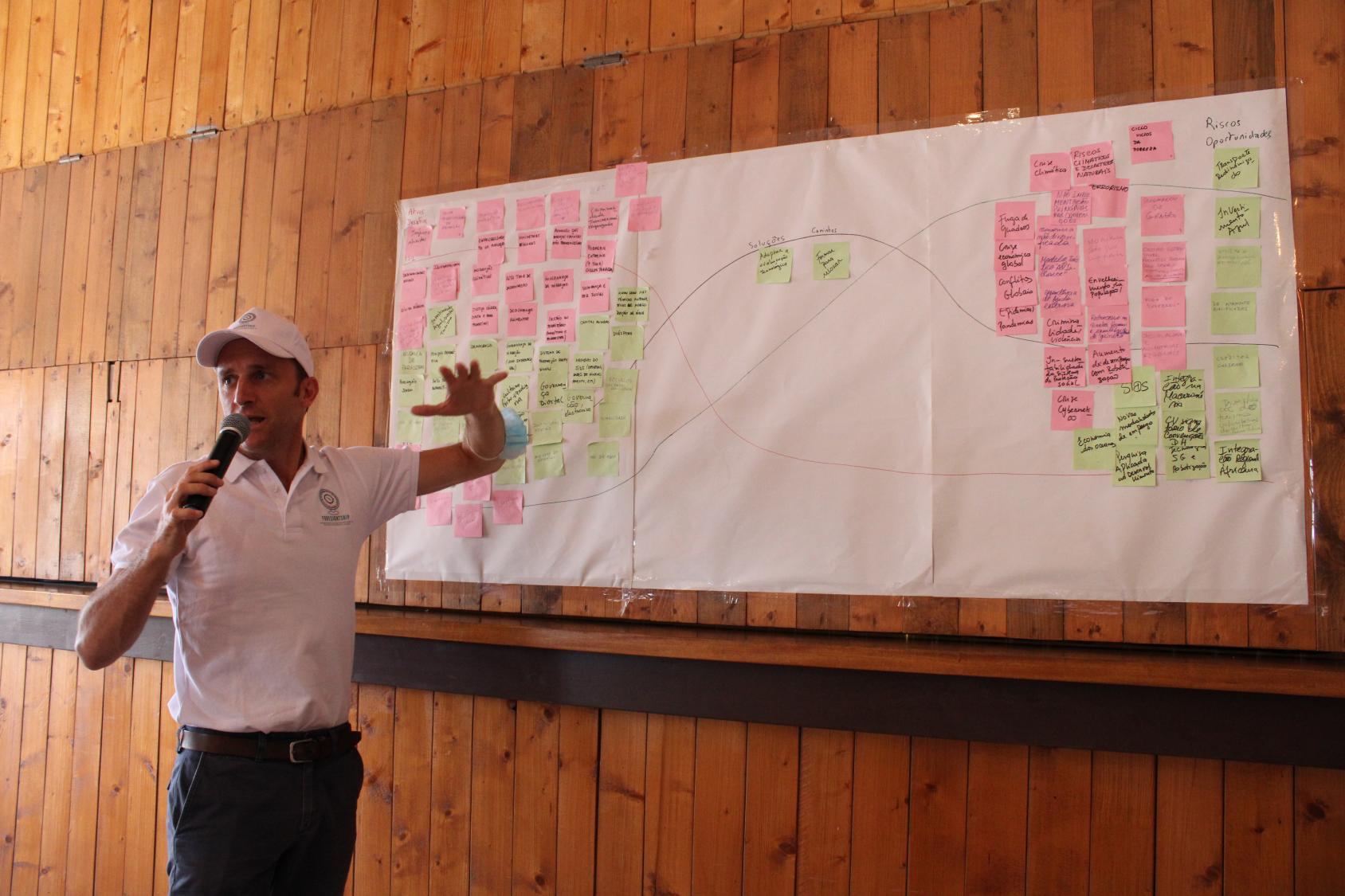 Sebastián Vauzelle, economista de las Naciones Unidas en Cabo Verde, habla de las diferentes etapas del ejercicio de visualización frente a una pizarra llena de notas adhesivas.