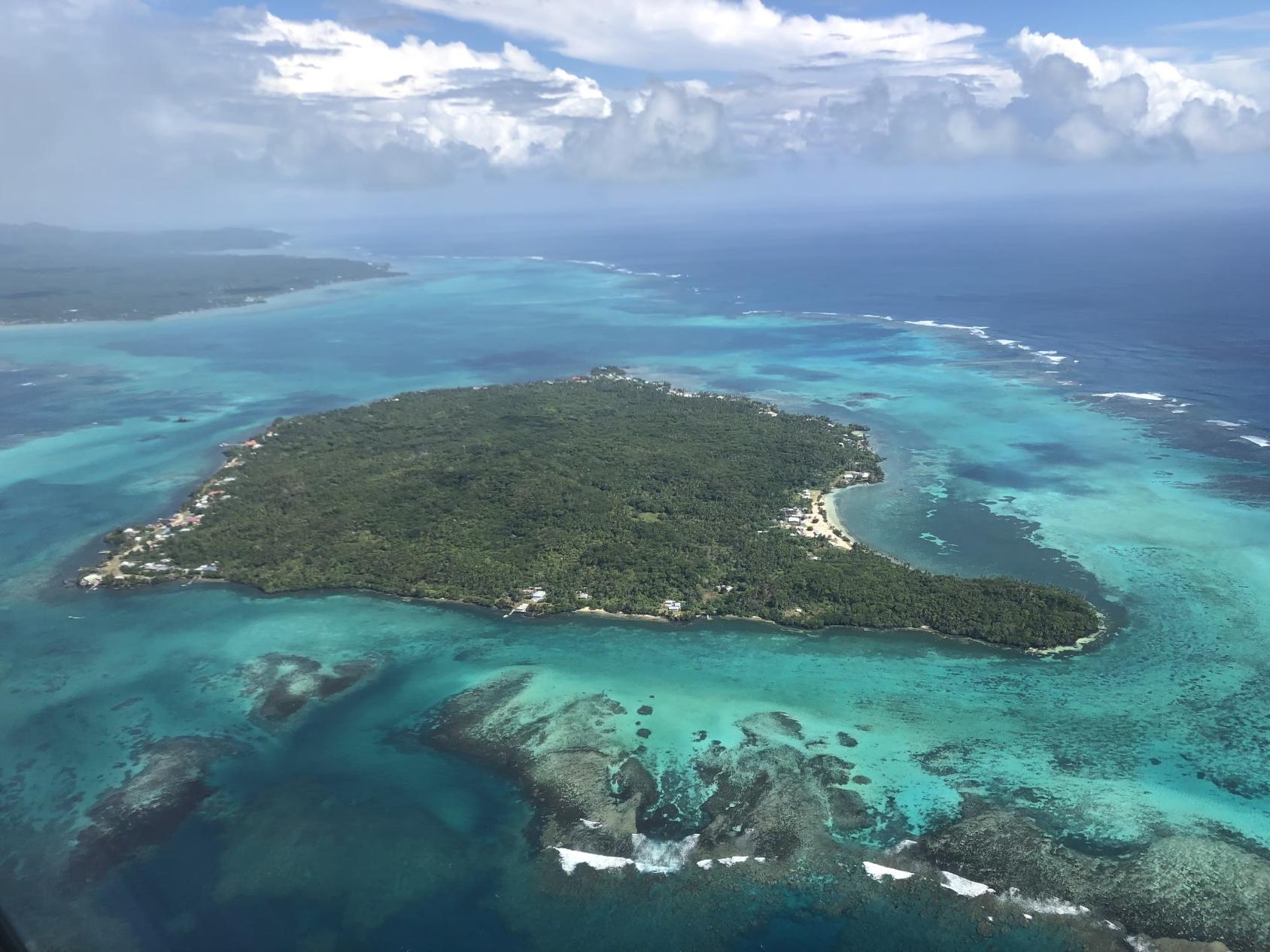 An image of islands in blue water.