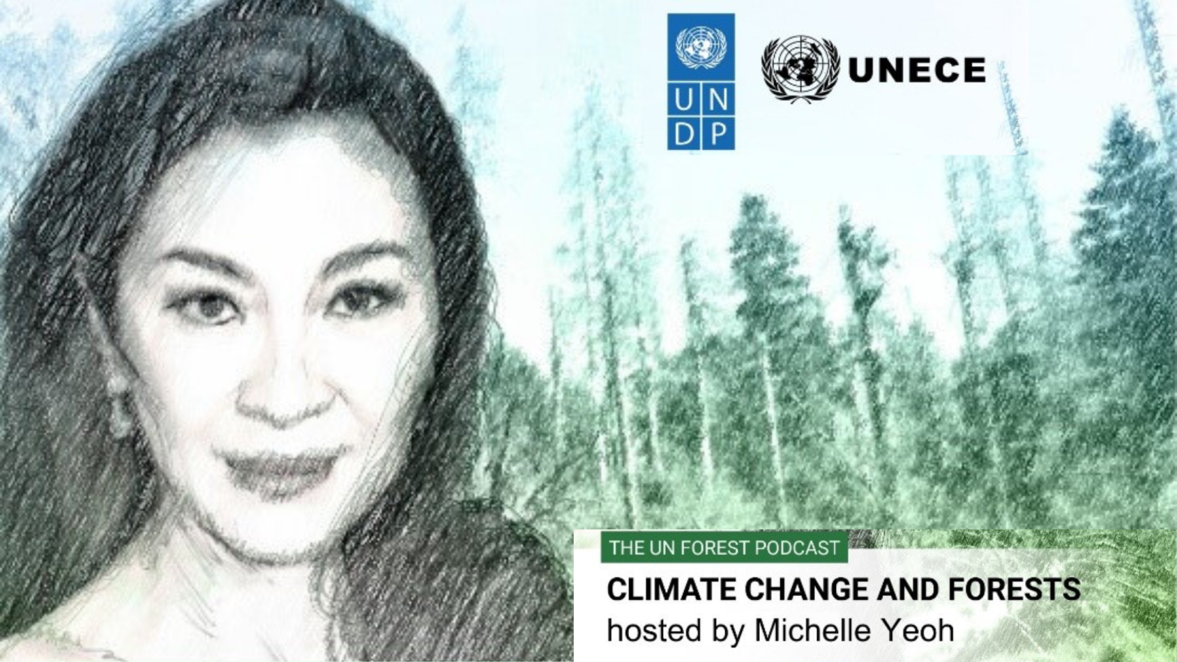 Image of actor Michelle Yeoh in front of an illustration of a forest