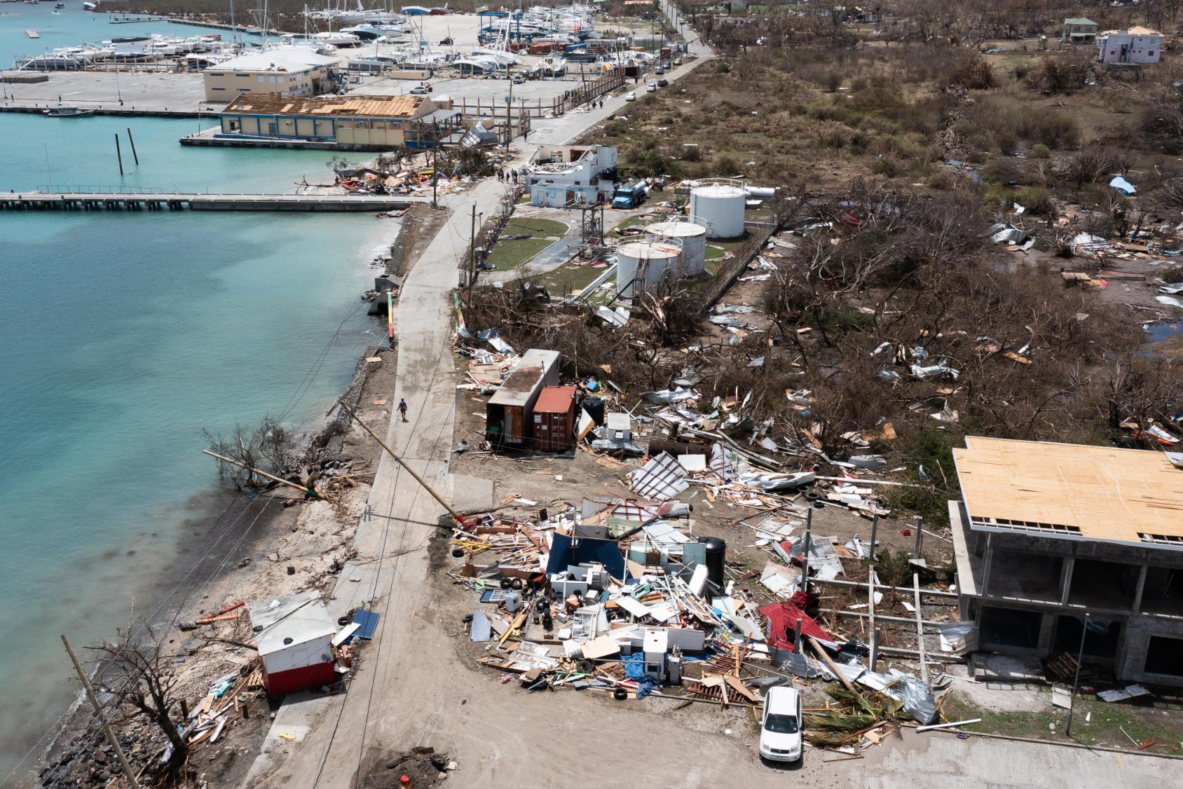 A drone's eye shot of damaged houses and infrastructure as a result of Hurricane Beryl