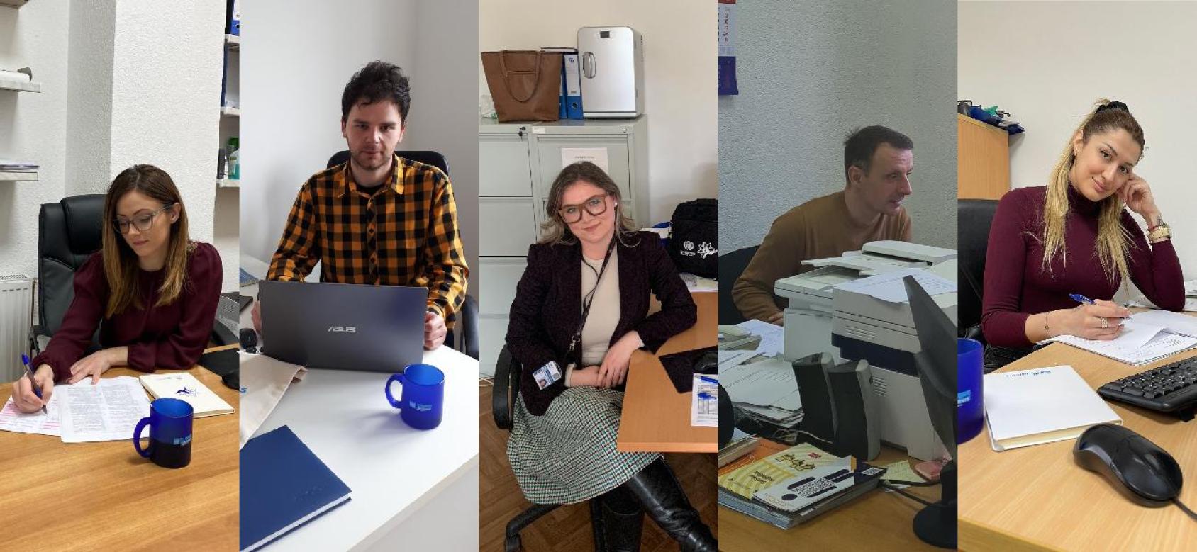 A collage of five panels each with a volunteer at a desk signing papers