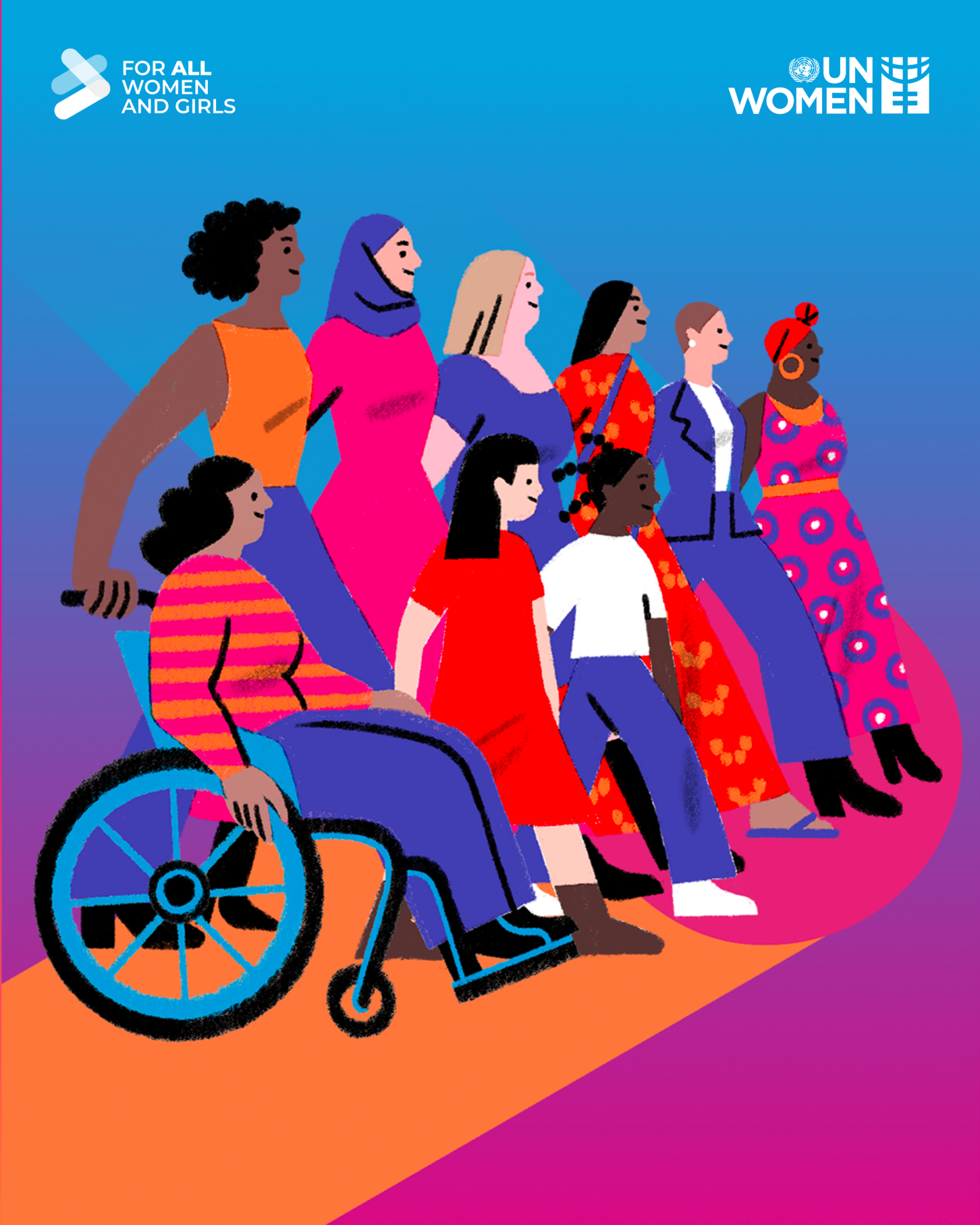 A graphic showcasing several women facing towards the right