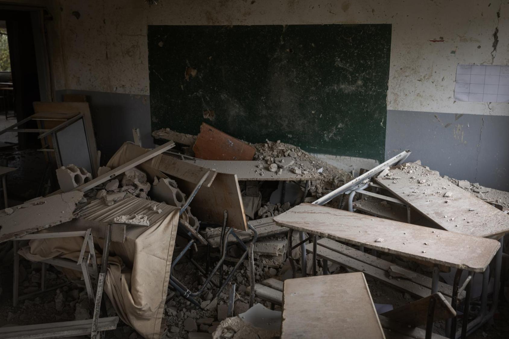 The Jaafari School in Aitaroun in South Lebanon in ruins.