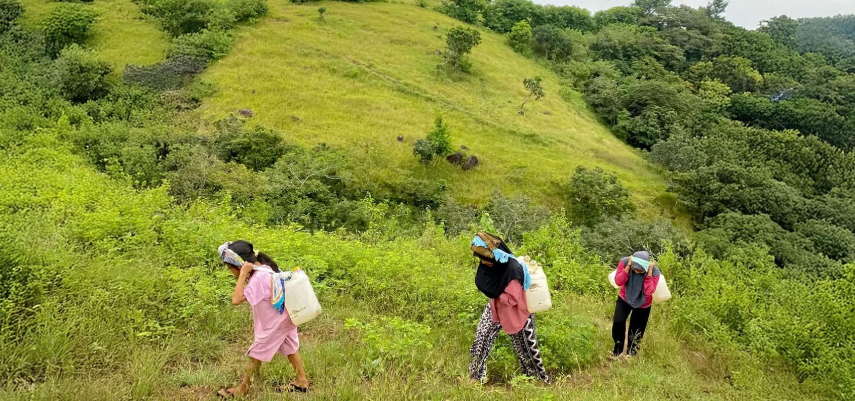 Three women walk through green hilly fields carrying water on their backs