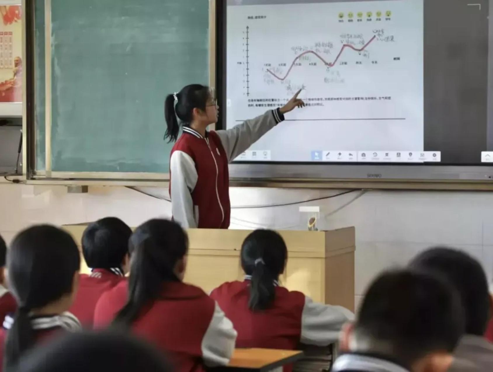 Девочка стоит у доски и рассказывает классу о чем-то