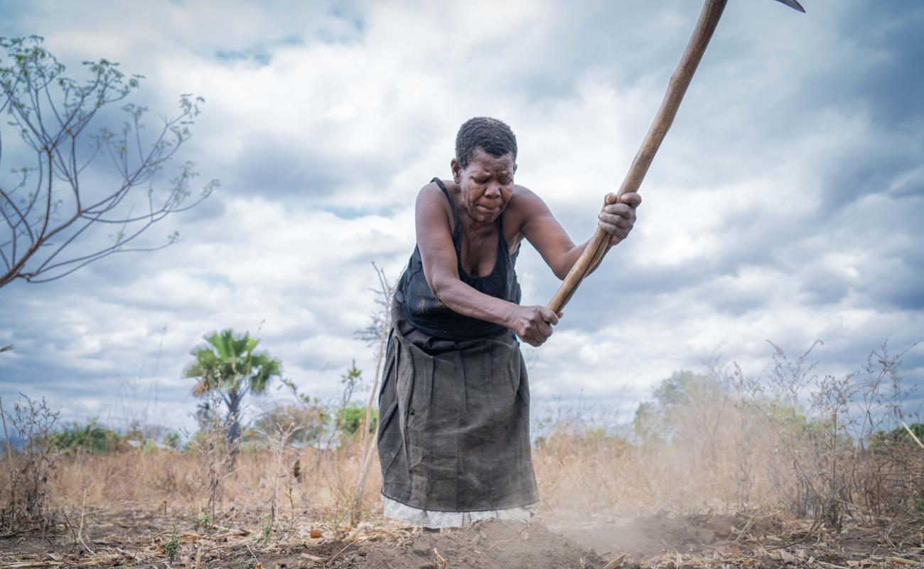 En Afrique, une femme travaille une terre aride à l’aide d’une pioche par un temps couvert.