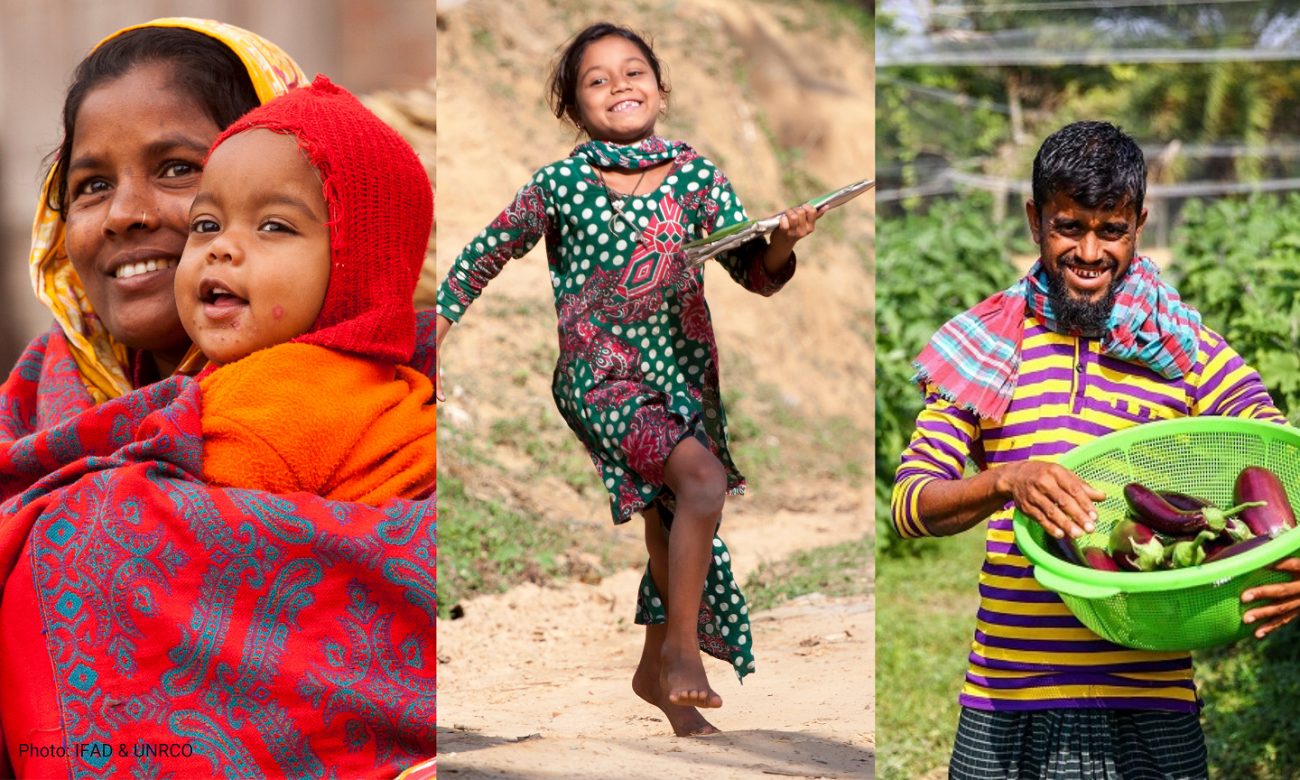 Three pictures mashed, showing from left to right a mother holding a child, a running girl and a man harvesting some eggplants.