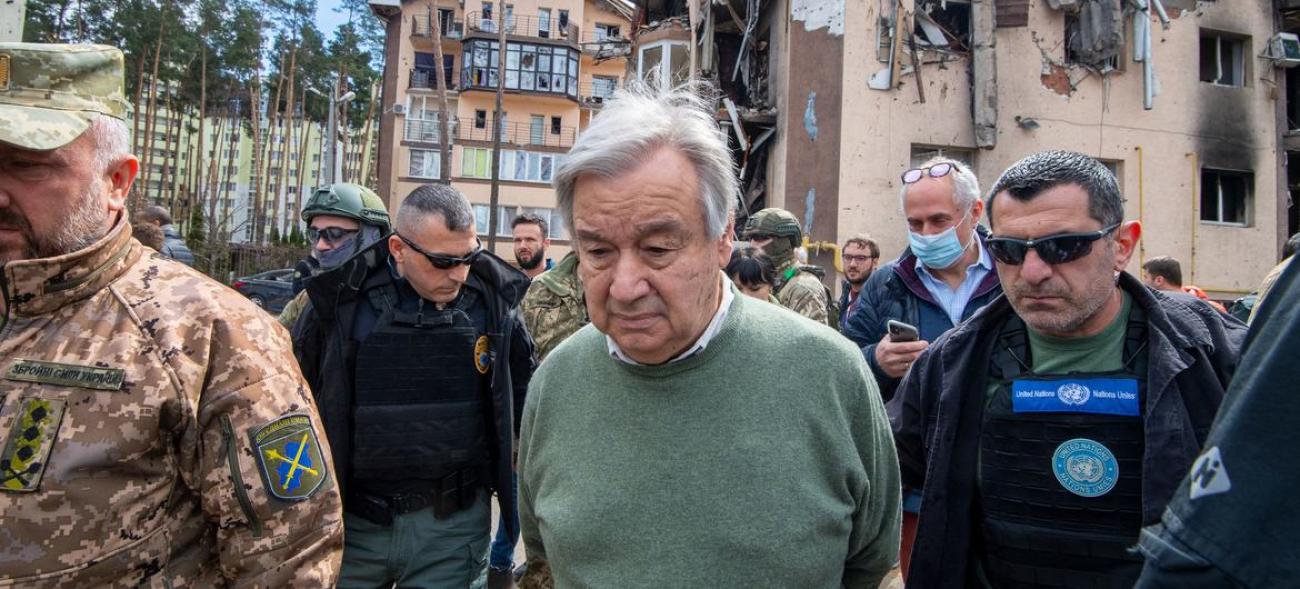 UN Secretary General Antonio Guterres walking with officials in Ukraine