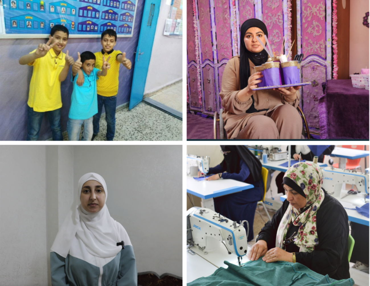 A collage of 4 photos, starting with school aged boys (top left) and three women in individual shots in the other 3 images.