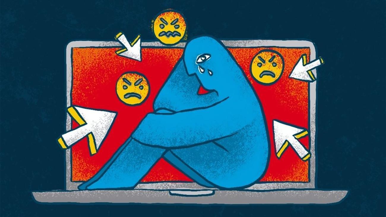 A graphic with a blue being kneeling on the ground against a red computer with arrows pointing at it.